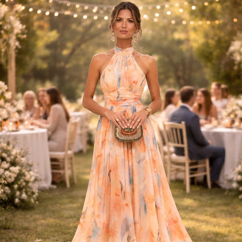 Lucía | Vestido de Cuello Halter con Estampado de Acuarela
